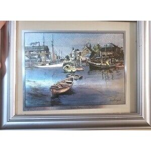 Etched Color Foil Art of San Pedro Harbor Vintage Lionel Barrymore signed print